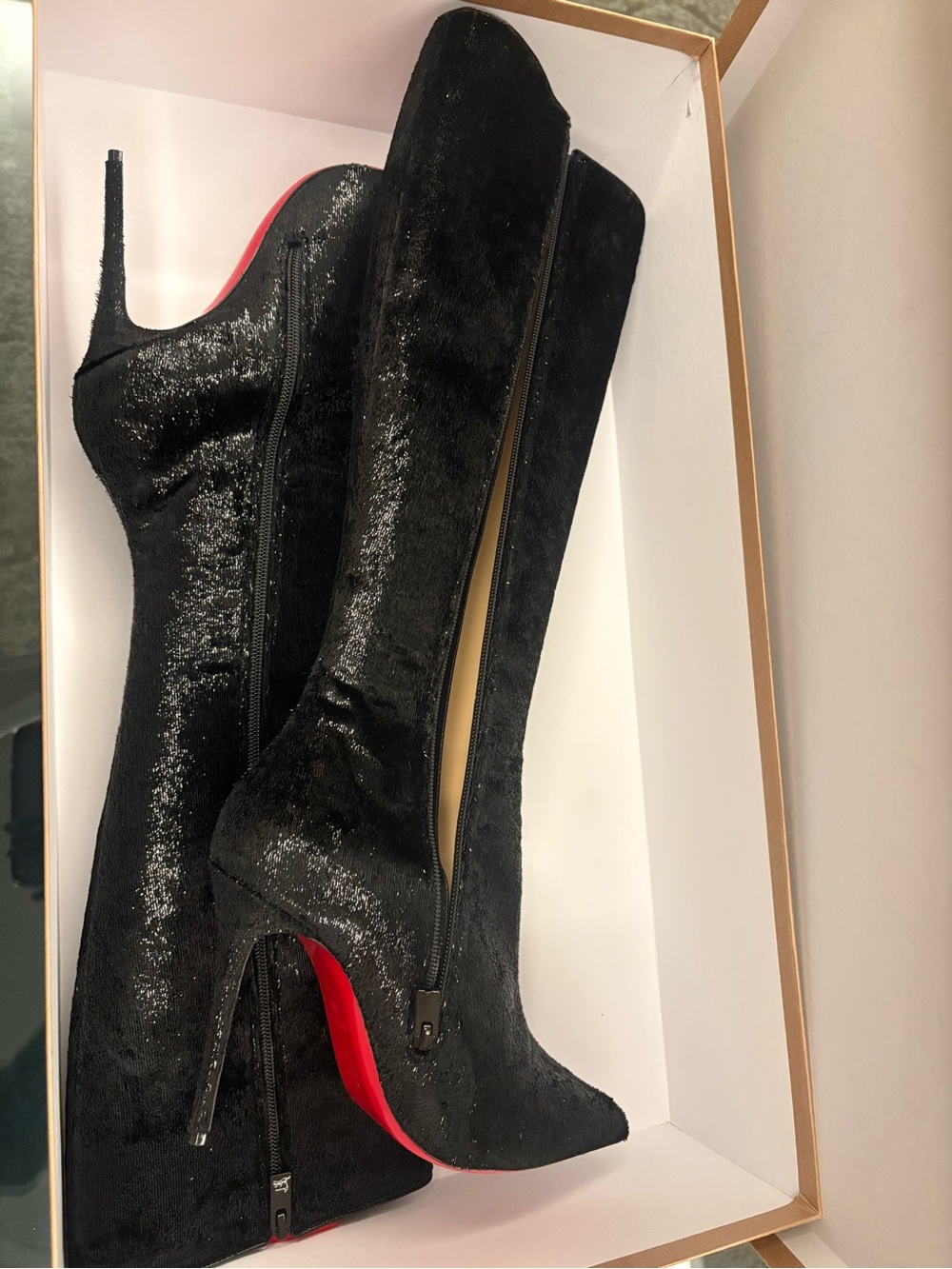 KATE BOTTA 100 Women's Black Velvet Pointed-Toe Christian Louboutin Boot - Picture 3 of 7